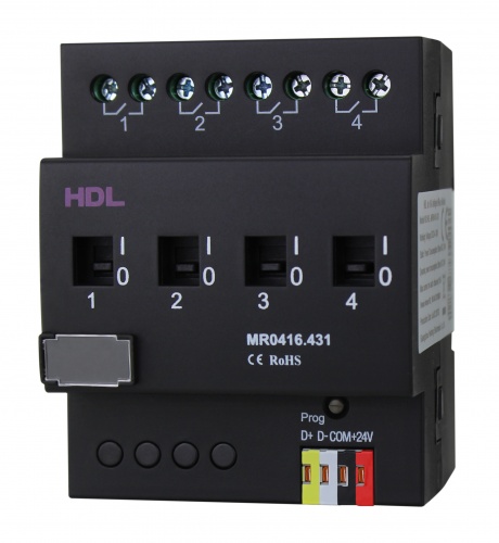 DIN реле, 4-канальное, 16A на канал, HDL-MR0416.431 (Устройства исполнительные HDL), Китай